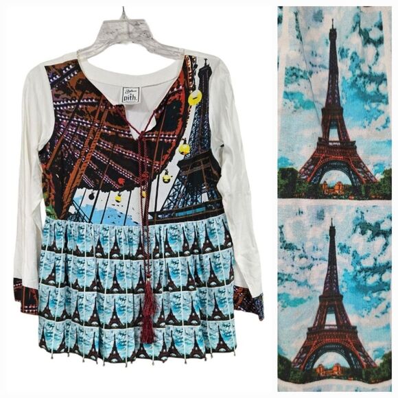 Pith Wanderlust Paris Eiffel Tower Blouse White Printed Top Unique Artistic Fun - Picture 2 of 13